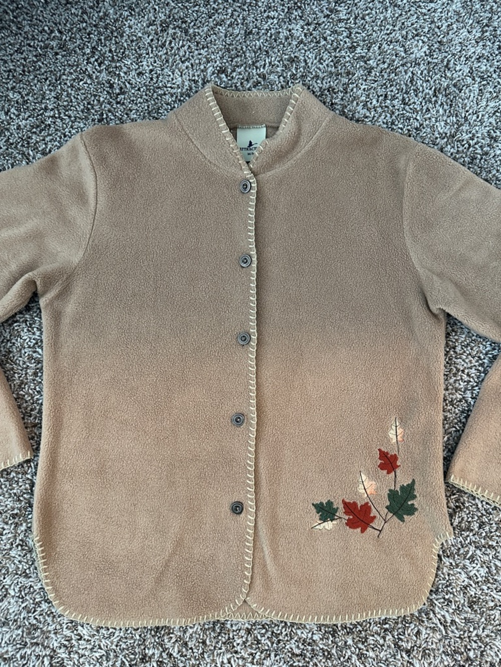Vintage Attraction Beige Knit Button-Front Cardigan Sweater Fall Leaf Embroidery